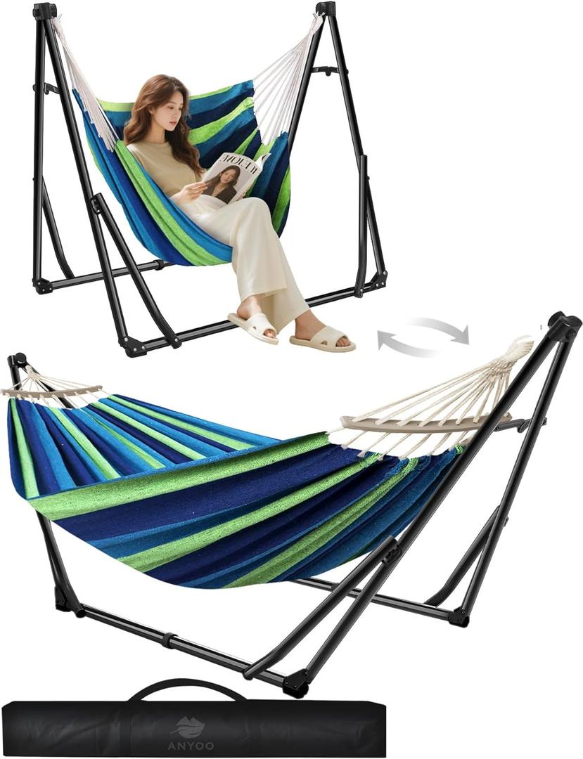 ANYOO 2-in-1 Hammock & Chair Stand with Collapsible Steel Frame & Carry Bag | Tool-free Set up Multi-angle & Height Adjustable Holds 440lbs Heavy-duty Portabel Hammock for Indoor,Outdoor Garden,Patio