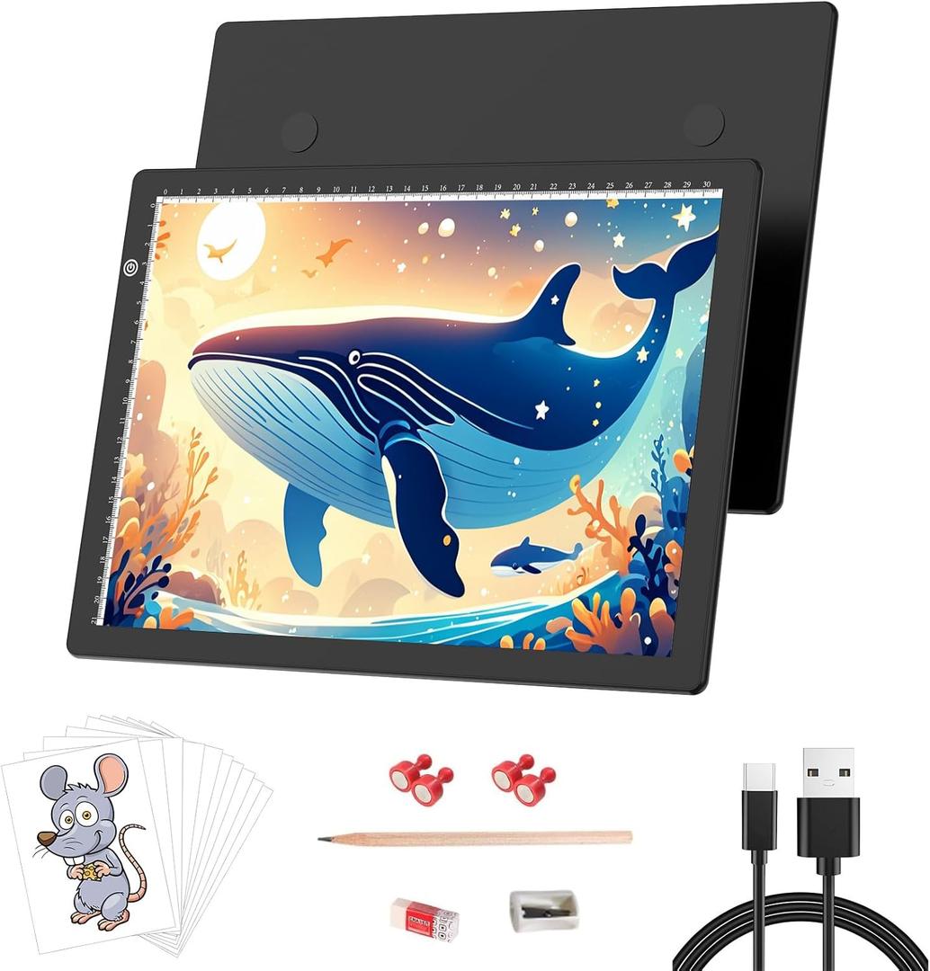 Picovista A4 Light Box for Tracing with 4 Magnets, Light Pad for Diamond Painting Stepless Dimming Drawing Board USB Powered Light Box for Weeding Vinyl Tattoo Drawing X-Ray Viewing Diamond Painting