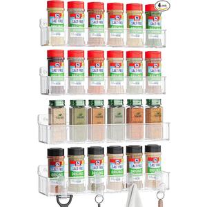 Nieifi Spice Rack Wall Mount, 4 Pack, Clear, Screw or Adhesive Installation, Spice Rack Organizer for Your Kitchen Cabinet or Pantry Door