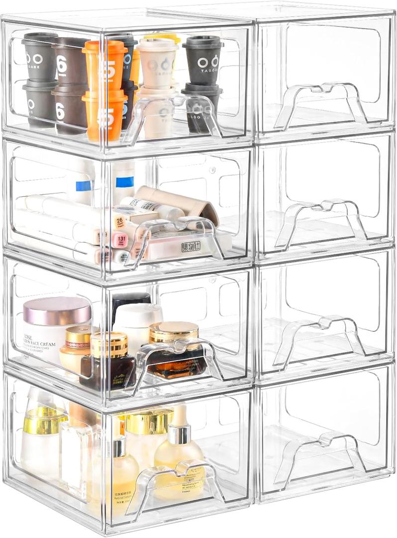 8 Pack Stackable Makeup Organizer, 4.4'' Tall Acrylic Bathroom Makeup Organizer and Storage Drawer with Pull-out Handle, Clear Plastic Storage Bins for Vanity, Pantry, Desk, Undersink, Kitchen