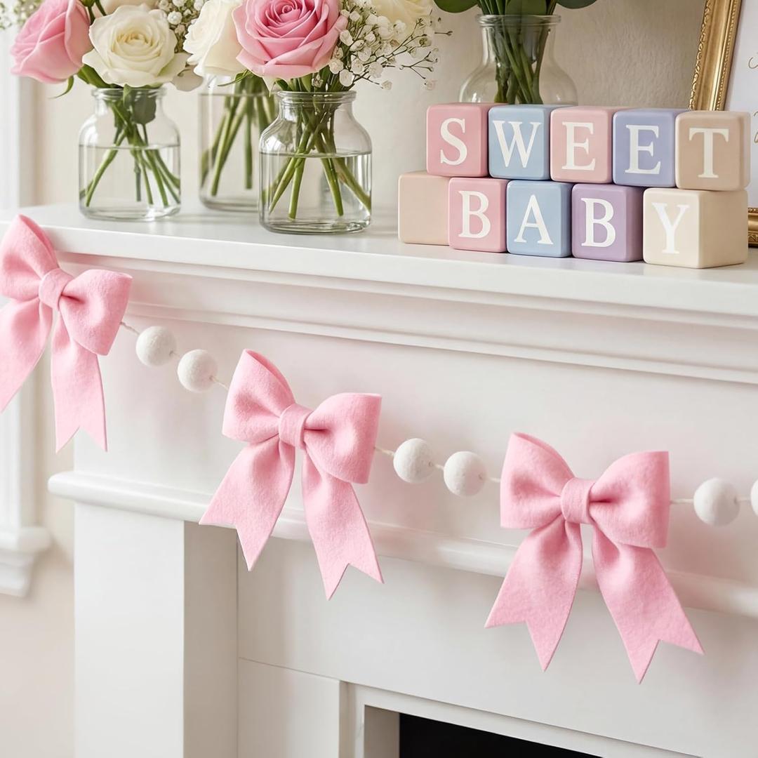 2-Pack 8ft Pink Bow Felt Garland, Coquette Room Decor, Pre-Strung Soft Banner for Baby Shower, Girls Birthday Party, Nursery Wall Decoration, Shabby Chic Wedding & Bridal Shower Bunting