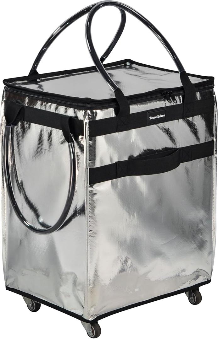 Reusable Grocery Bag On Wheels Large Capacity Shopping Trolley Foldable Rolling Tote Bag with Heavy Duty Handle for Travel (Silver, Medium)