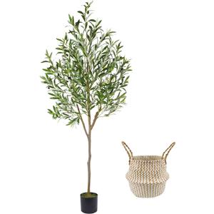 Artificial Olive Tree, 6ft Tall Fake Olive Leaves Plant with Basket, Indoor Outdoor Faux Olive Topiary Silk Tree for Home Livingroom Office Dcor