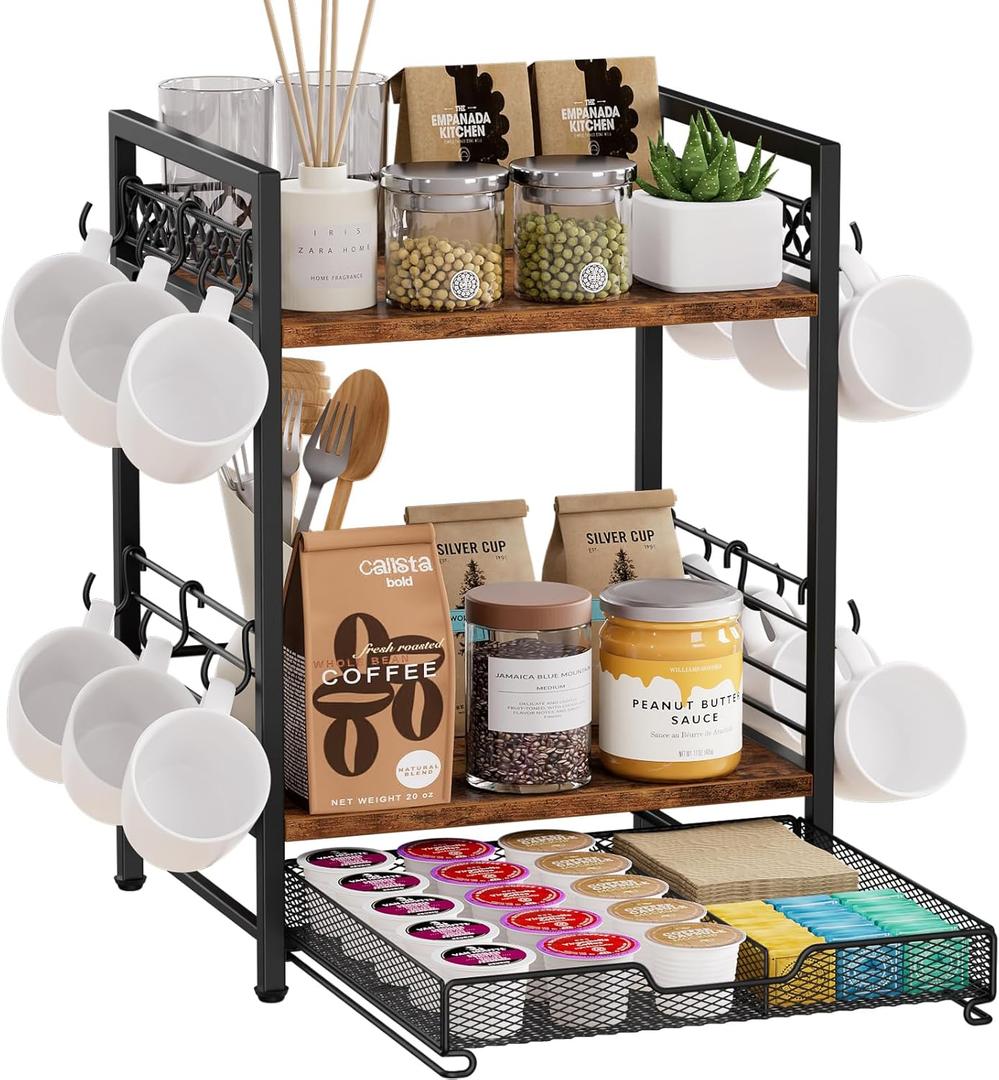 Coffee Bar Organizer Countertop, 3 Tier Mug Cup Holder Stand with 12 Hooks, 25 K Cup Coffee Pod Drawer with Mug Rack, Multifunctional Shelf for Accessories Kitchen (Black)