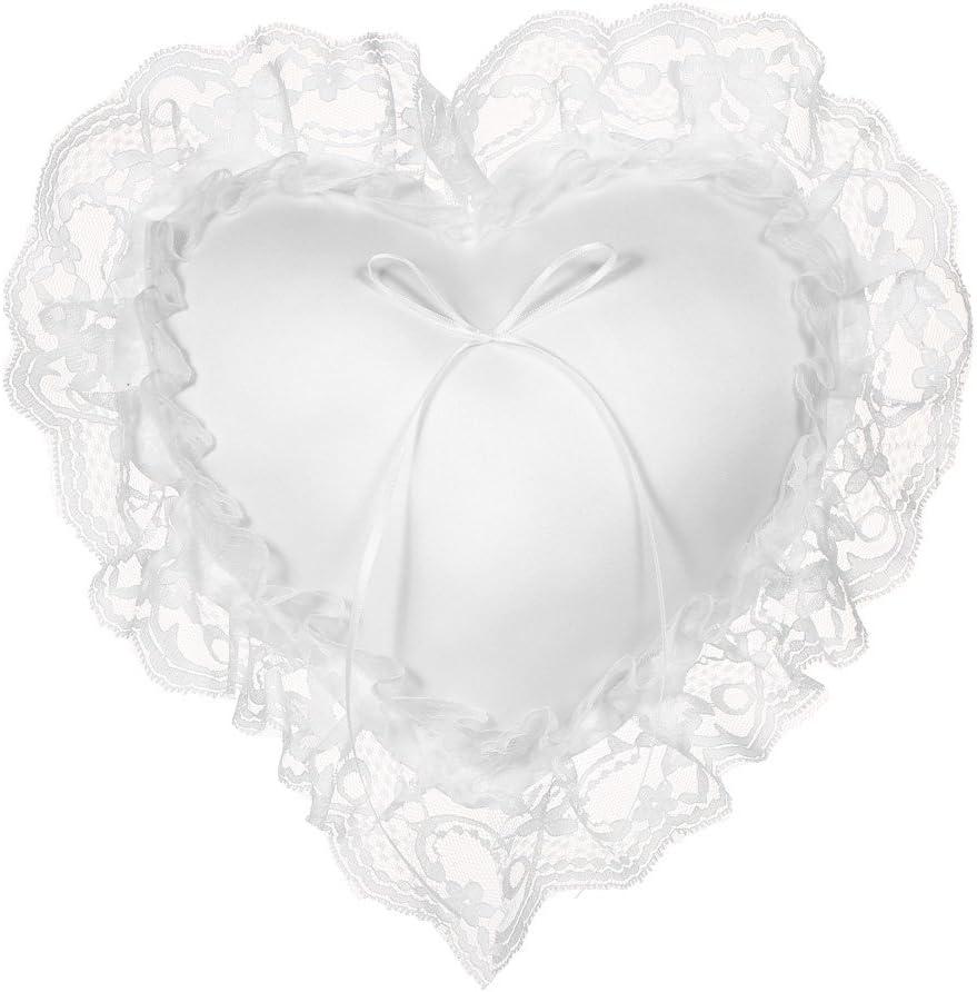 Heart Shaped Wedding Ring Pillow, White Elegant Ring Bearer Pillow with Lace Satin Decoration for Bridal Ceremony Party Accessories 7x7 in