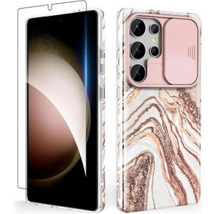 SHEDEER for Samsung Galaxy S25 Ultra Case with Slide Camera Cover & Screen Protector, Anti-Yellowing Chic Pattern, Shockproof Anti-Scratch Slim Thin Phone Cover Samsung S25 Ultra 6.9'', Rosegold