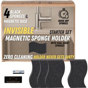 Invisible Magnetic Sponge Holder for Kitchen Sink Caddy with Magnetic Sponge Set 4 Dual-Sided Large Magnet Dish Scrubber (Clutter Organizer) by Mustache Dad