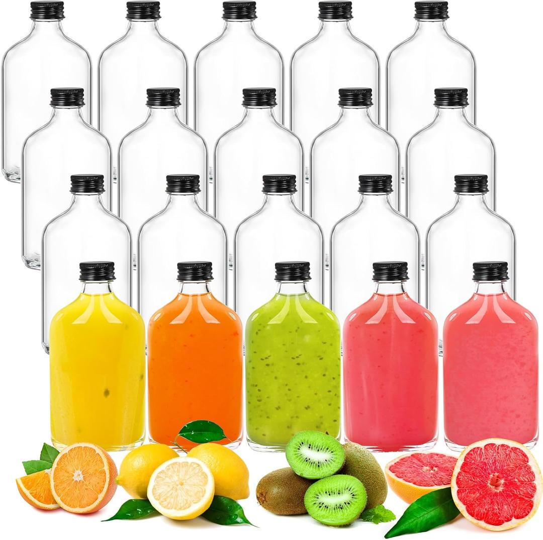 Tebery 18 Pack Glass Flask Liquor Bottle with Black Caps, 6.6OZ Drink Bottles for Beer Milk Beverage Perfume Oil Sauce Whiskey Soda Liquid
