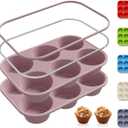 2 Pack 6 Cups Jumbo Muffin Pan with Metal Reinforced Frame Silicone Molds Egg Bites Silicone Circle Cookie Molds Extra Large Muffin Tin Jumbo Tart Pans Baking Sheet Set for Sandwiches (Morandi Pink)