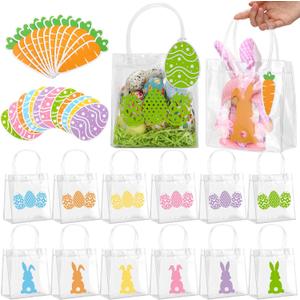 Sweetude 12 Pcs Small Easter Bunny Egg Clear Gift Bags with Handles Clear PVC Treat Candy Goodie Birthday Party Favor Gift Bags with 18 Pcs Carrot and Easter Egg Tags and 60g Grass Shredded Paper