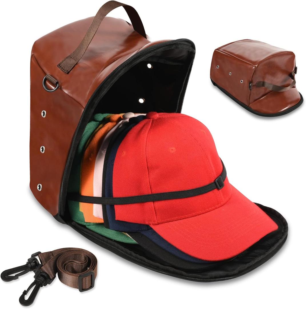 Hat Organizer Bag for Baseball Caps, Hat Travel Case Hat Storage Bag with Hat Holder Protects up to 12 Hats for Travel, Home Storage with Shoulder Strap, Brown, Patent Pending