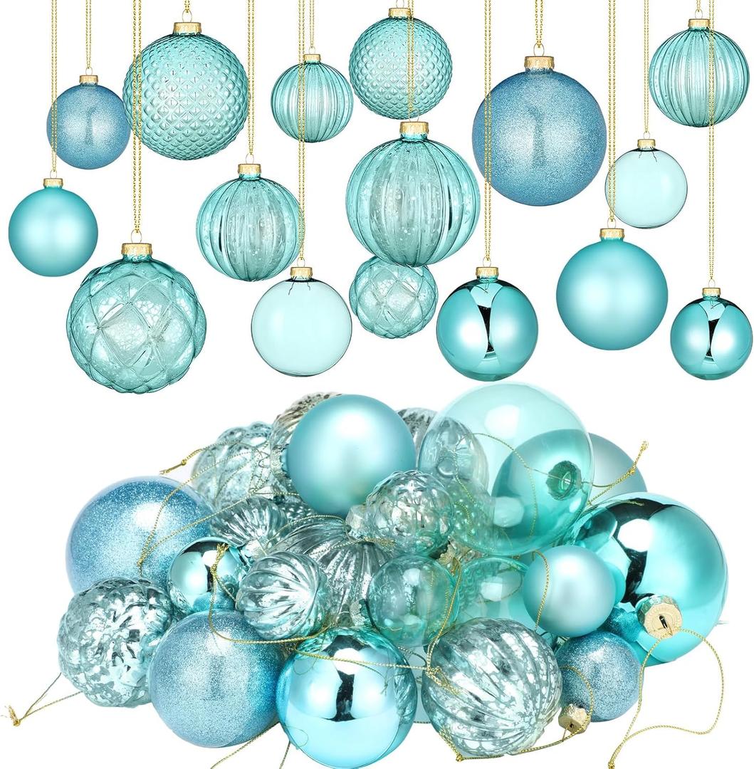 Liliful 24 Pcs Teal Glass Christmas Ball Ornaments Christmas Tree Decoration Hanging Balls Neutral Vintage Mercury Ornaments for Xmas Festival Home Wedding Holiday Farmhouse Party Decor, 1.57 Inch