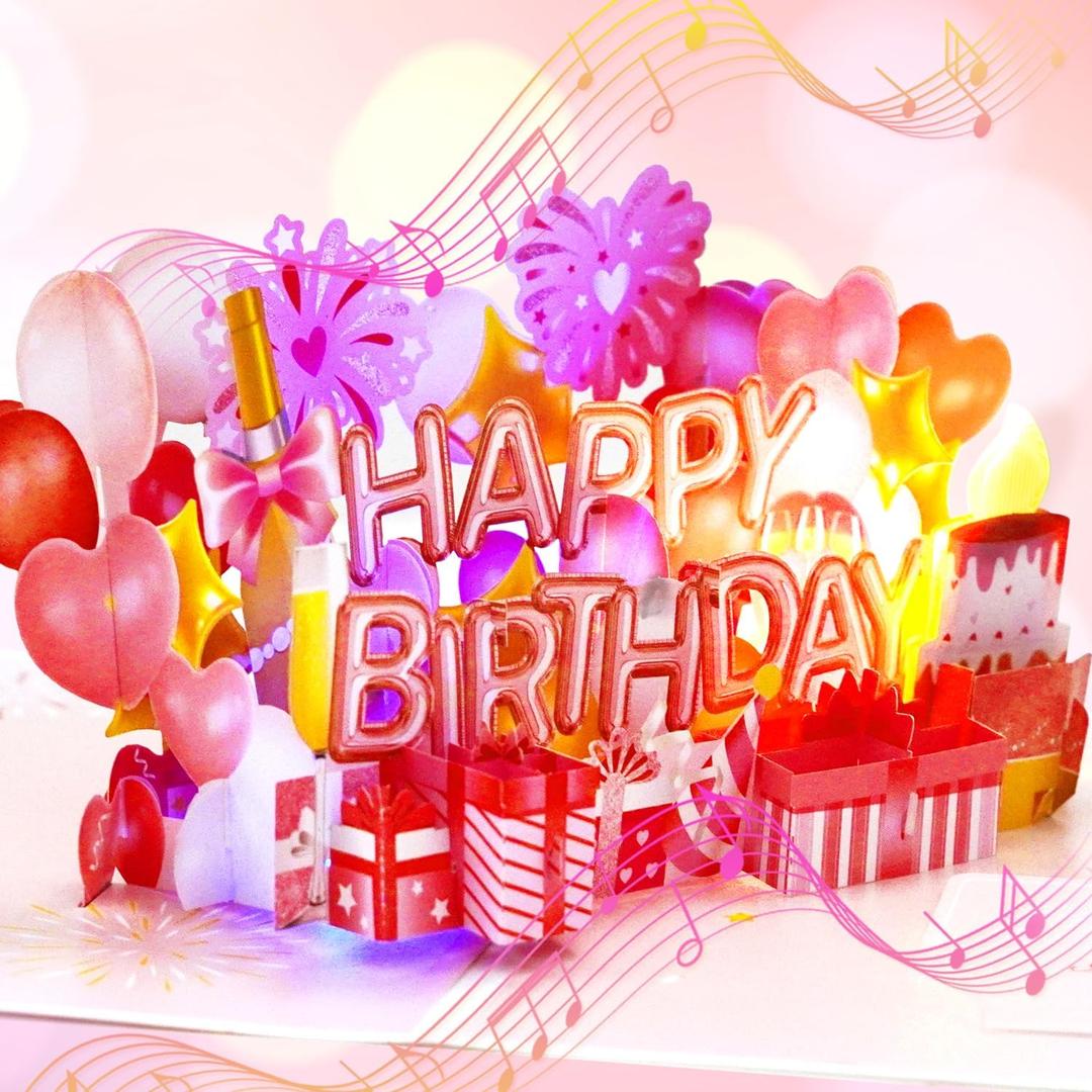 Ribbli Birthday Cards, Rose Pink Pop Up Birthday Card with Light and Music for Women Mom Daughter Girlfriend Wife, 7.9 x 5.9 Inches with Envelope