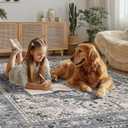 PURRUGS Vintage Farmhouse Boho Area Rug 5x7 ft, Non-Slip Machine Washable Rug, Accent Oriental Rug for Living Room, Dining Room, Bedroom, Entryway and Kitchen, Periwinkle Gray/Soft Ivory