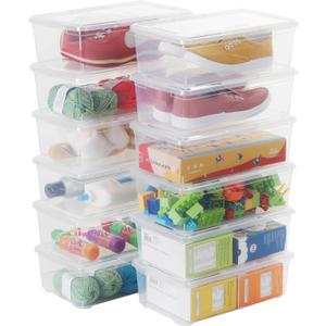 Stackable Plastic Storage Shoebox, BPA-Free Nestable Container with Latching Lid to Organize Shoes, See-Through Box for Home and Office, Multi-Purpose Clear Bins (12 Pack 6 Quart)
