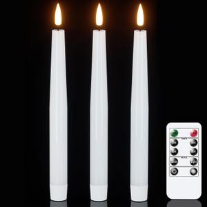 GenSwin Flameless Taper Candles with Remote, White LED Taper Candles Battery Operated, Real Wax Flameless Candlesticks with 3D Wick for Home Party Decor(Set of 3, 0.78 x 9.84)