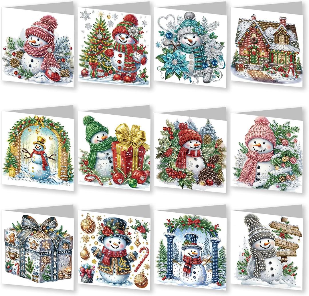 DoxQcs DIY Diamond Greeting Card, Embroidery Arts Craft Cards Kits, Daisy Diamond Art Painting Greeting Card Arts for Birthday Thanksgiving Christmas Crafts Gift-#19-12PC Snowman