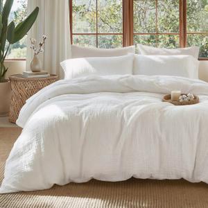 Bedsure 100% Muslin Cotton Duvet Cover Queen Size - Ultra-Soft Gauze Duvet Cover, PureWoven Breathable & Lightweight Bedding Set with Button Closure and Corner Ties (White, Queen, 90"x90")