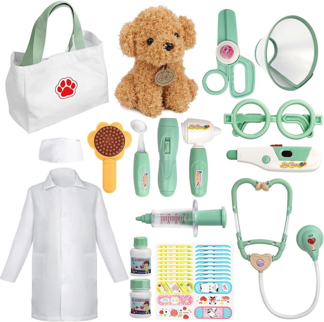 Liberry Doctor Kit for Toddlers 3 4 5 6 Years Old, 26 Pcs Kids Doctor Playset with Dog Toy, Stethoscope and Dress Up Costume, Pretend Play Medical Gift for Boys Girls (Green)