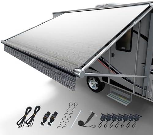 Fonzier RV Awning Fabric Replacement, 19.5oz Heavy Duty Vinyl, with Tie Down Kits & 7 Hooks & Pull Strap for Trailer Camper Awning- 11'(Fabric 10'2"), Light Gray Fade