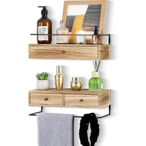 DreamPossible Floating Shelves - Wall Mounted Bathroom Shelf Set of 2 with Drawers, Rustic Wood Shelves for Bedroom, Living Room, Kitchen, Wall Decor, Plants, Books (Brown) (13.8 Inch Long)