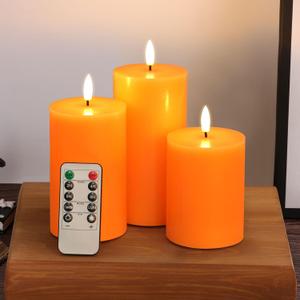 Eywamage Orange Flameless Pillar Candles with Remote, Real Wax Flickering Battery Halloween LED Candles Set of 3