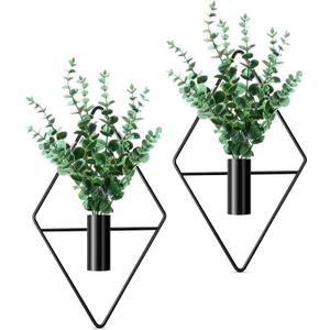 Canlierr 2 Pieces Wall Decor Hanging Planters with Artificial Plants Metal Hanging Vase Indoor Plants Holder Modern Boho Wall Art for Bathroom Bedroom Living Room Decor(Black,Eucalyptus)