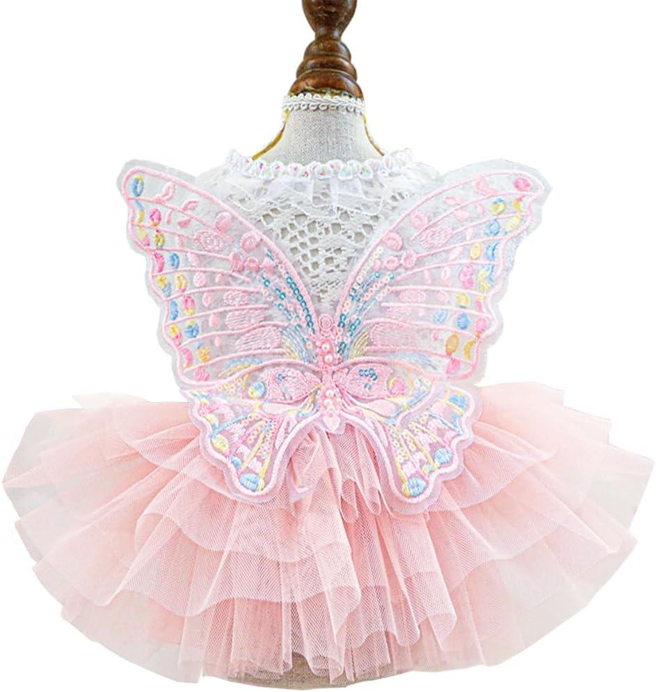 ANIAC Butterfly Dog Dress with Pink Tutu Funny Dog Clothes with Wing Girl Puppy Dress for Small Dogs Pet Butterfly Costume Holiday Cat Outfit for Halloween Birthday Wedding (Pink, Small)