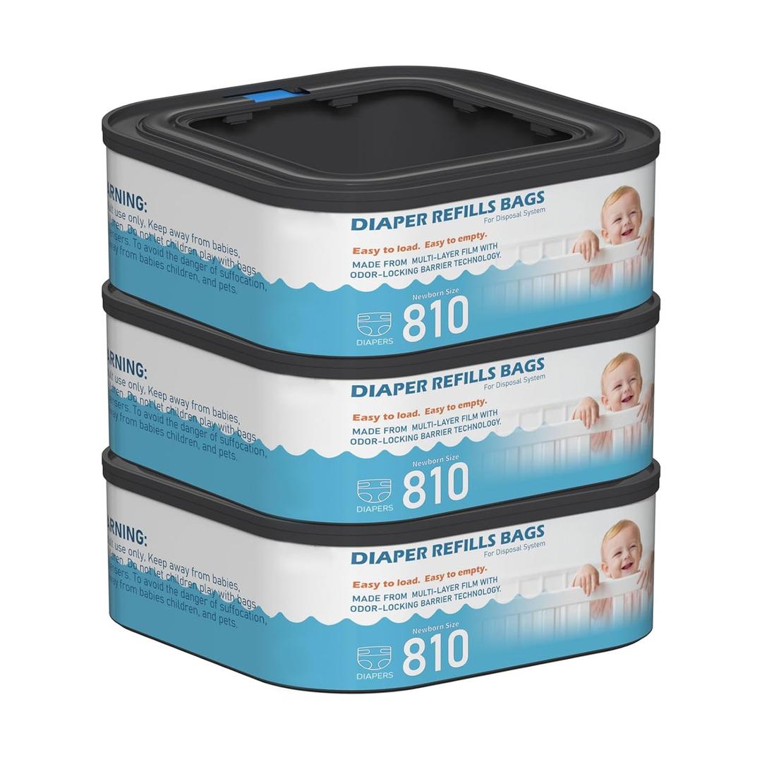Jumbo Square Refills Disposal Bags Refill (Baby Powder Scent) Compatible with Diaper Genie Classic, Compact and Select Pails, Hold Up to 810 Newborn-Sized Diapers Per Refill, 3 Packs