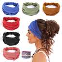 GiLi 6 Pack Wide Headbands for Women Non Slip Soft Elastic Hair Bands Yoga Running Sports Workout Gym Head Wraps, Knotted Cotton Cloth African Turbans Bandana (with 6 Pcs Hair Ties) (6 Color (Black+Brown+Red+Green+Blue+Pink))
