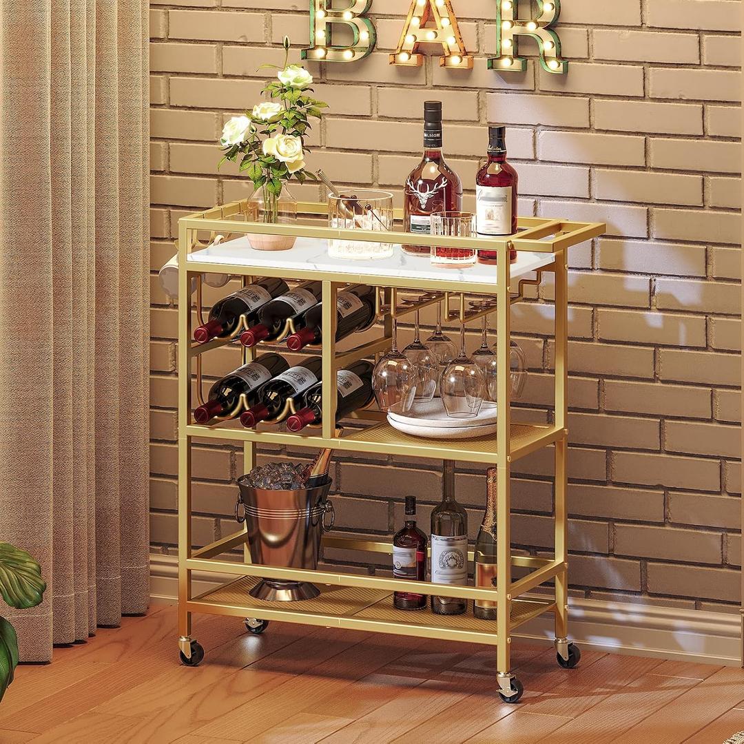 MAHANCRIS Bar Cart for Home, 3-Tier Serving Cart with Wheels and Handle, Beverage Cart with Wine Rack and Glass Holders, Rolling Wine Cart for Kitchen, Dining Room, Gold and White RCJM6101, 24.8''L x 11''W x 32''H