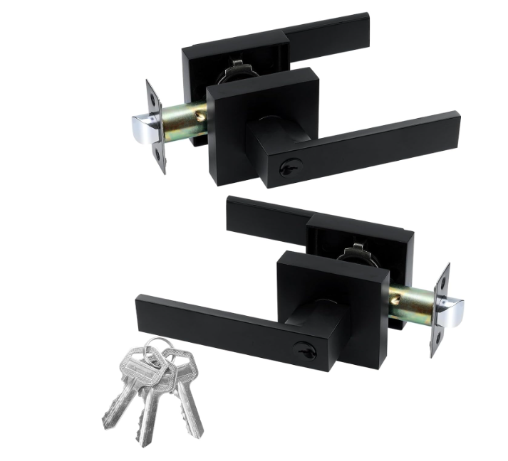 JO.KO Entry Door Lock Set, Square Door Lever for Bedroom, Passage Door Privacy Locking Interior/Exterior Entry Door Knob/Heavy Duty