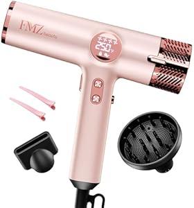 FMZ Professional Ionic Hair Blow Dryer Smart Display with Diffuser, 1875W High Speed Powerful BLDC Motor for Fast Drying, Mini Portable Lightweight Quiet, Curly Hairdryer for Men Women Salon Travel (Pink Gold)
