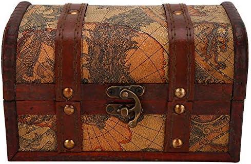 Vintage Treasure Chest, Handmade Decorative Wooden Treasure Chest Box with Map Motifs, Jewelry Storage Case Trinket Jewelry Keepsake Box for Home Décor (Map)
