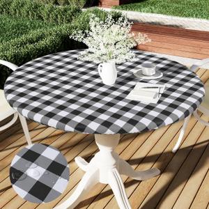 Smiry Round Picnic Tablecloth, Elastic Waterproof Fitted Vinyl Tablecloths for 42"-50" Tables, Flannel Backed Buffalo Plaid Table Cover for Dining, Camping, Outdoor, Black and White