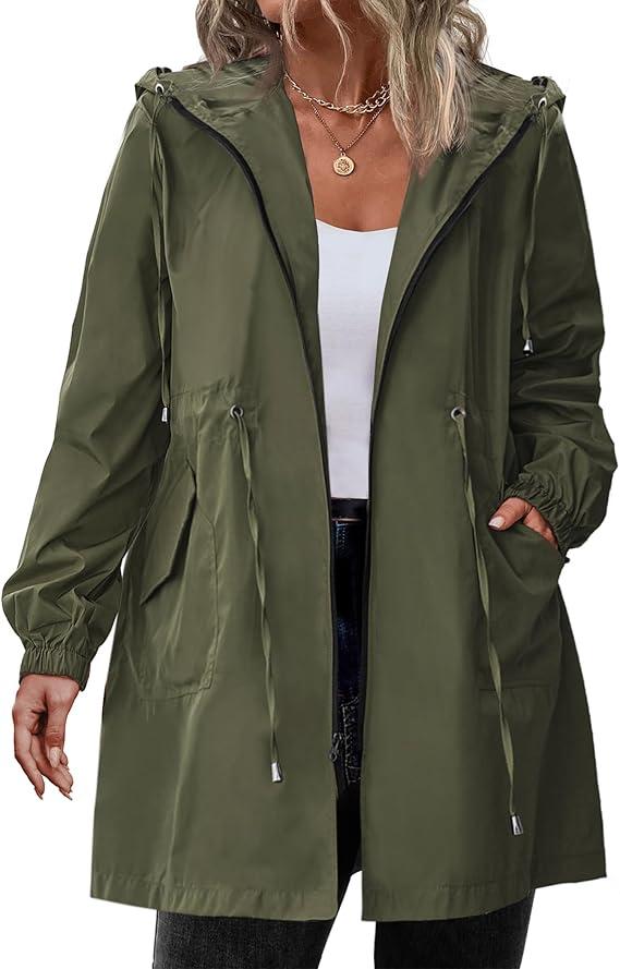 IN'VOLAND Women's Rain Jacket Plus Size Long Raincoat Lightweight Hooded Windbreaker Waterproof Jackets with Pockets, S