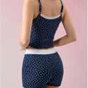 Milumia Women's 2 Piece Outfits Ditsy Floral Lace Trim Bow Cami Crop Top Skinny Shorts Set (L)