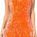 MANER Women's Glitter Sequin Dress Adjustable Spaghetti Strap Sparkle Party Dresses (Orange)