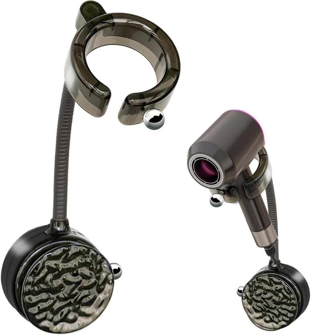 Hair Dryer Holder Wall Mounted with Vacuum Suction Cup 360° Rotating Height Adjustable Bathroom Blow Dryer Stand, No Drill Organizer with Elastic Band Hook for Hair Ties. (Black)