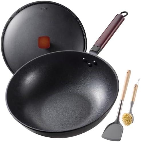 Carbon Steel Wok -13 Inch Woks & Stir-fry Pans Nonstick, Wok Pan with Lid Spatula and Dish Brush: Pre-Seasoned Flat Bottom Chinese Woks for Induction, Electric, Gas, All Stoves