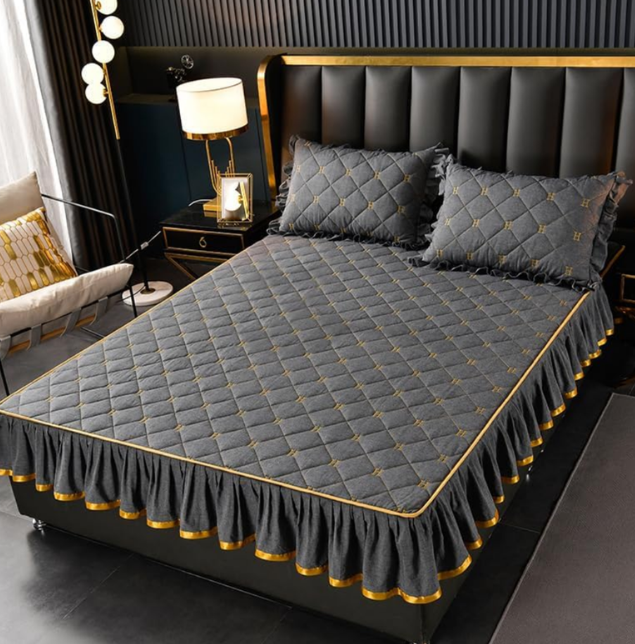 Sleepwish Cotton Bedding Sheet Dark Grey Bed Skirt Full Size Bed Skirts 59"x79" Fitted Sheet Mattress Topper 3 Piece Bedding Cotton Pillow Top Fitted Bedskirt Protector