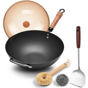 WANGYUANJI 12.6" Wok with Lid, Flat Bottom Nonstick Wok Pan for Induction Cooktop, Stir Fry Woks & Pans for Cooking (Black)