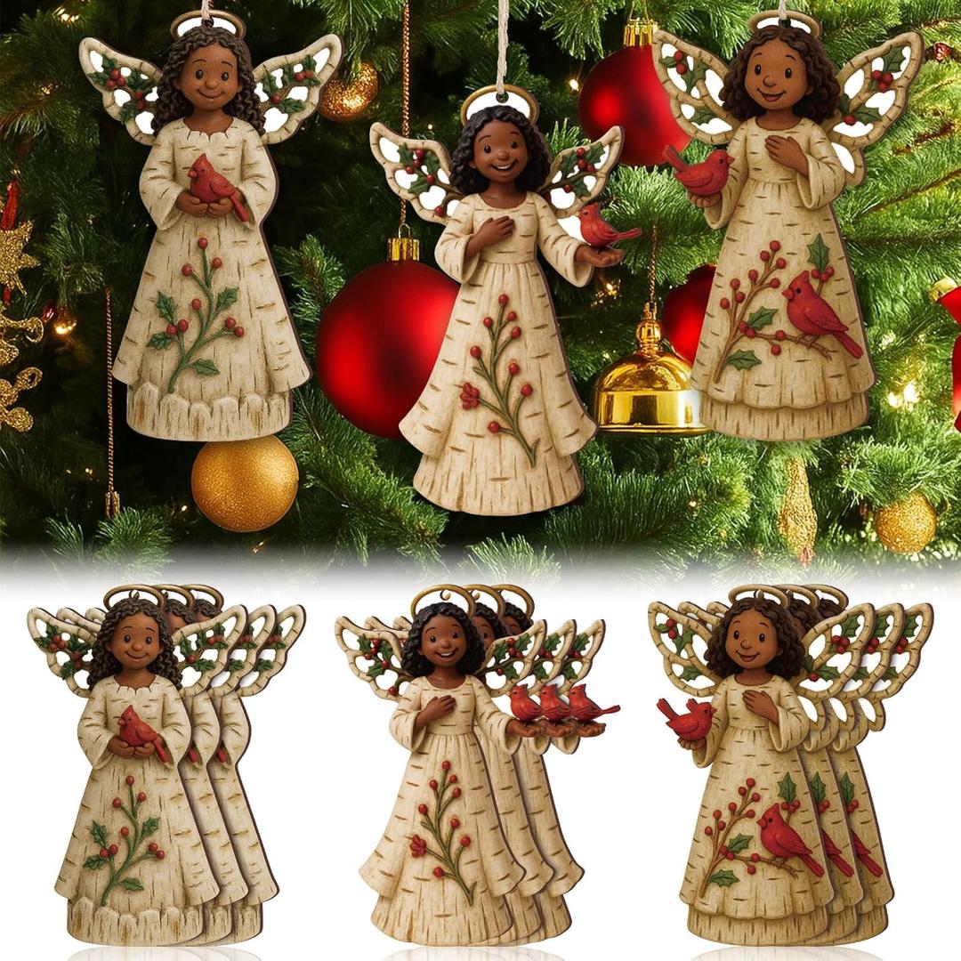 Youyole 12 Pcs Christmas Decoration African American Angel Ornaments with Cardinal Black Angel Ornaments Xmas Wooden Decor Gift for Christmas Tree Fireplace Office Holiday Decor