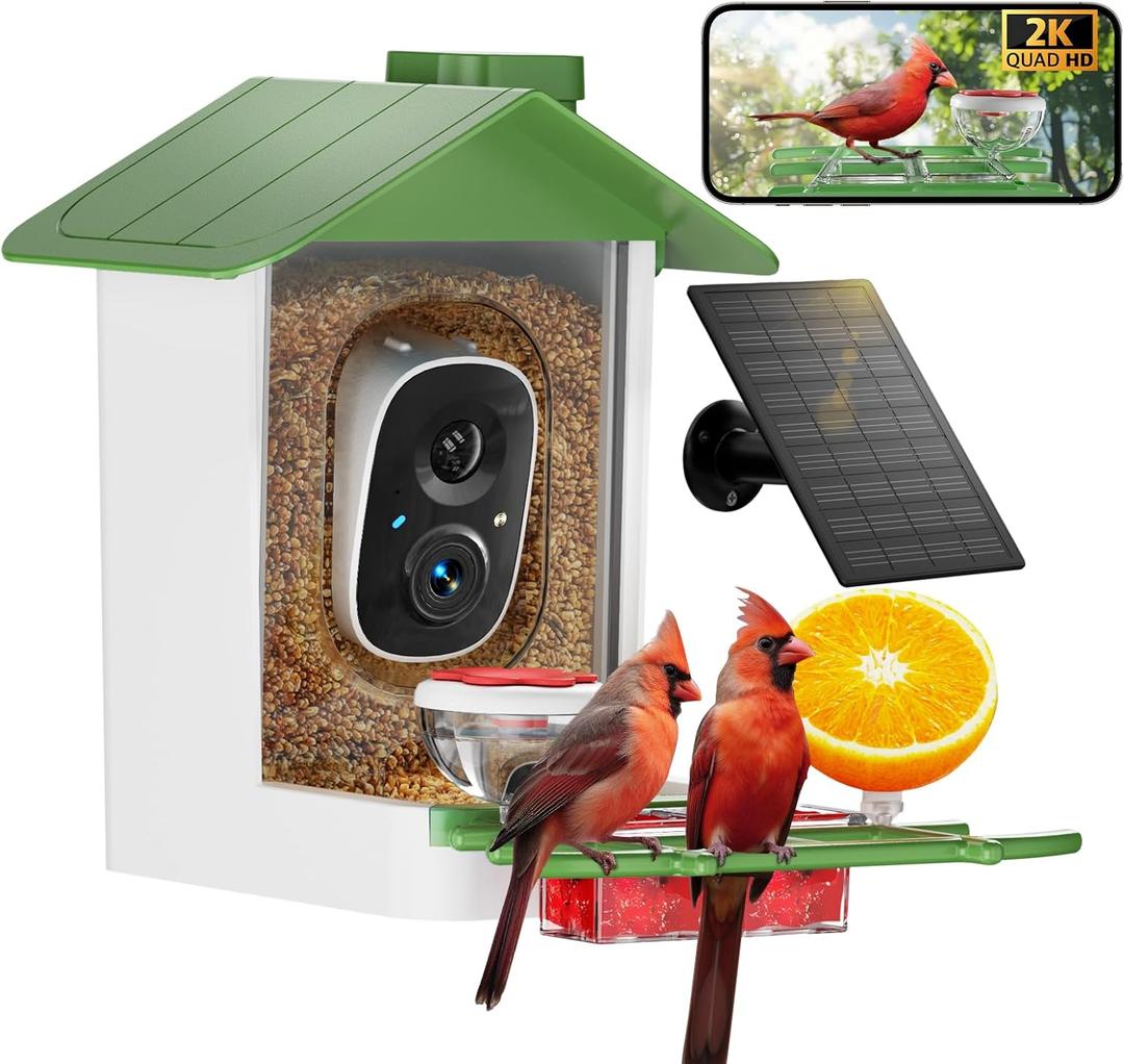 Bird Feeder with Camera 2K HD AI Smart Identify BirdSpecies Solar Panel Outdoors Birdhouse with Cam, Instant Arrival Alerts, Capture BirdVideo, Gifts for Mom Dad (Green)