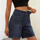 EMMIOL Bermuda Jean Shorts for Women Long Knee Length High Waisted Stretchy Cotton Jorts with Pockets Denim Summer Clean Fit (Black)