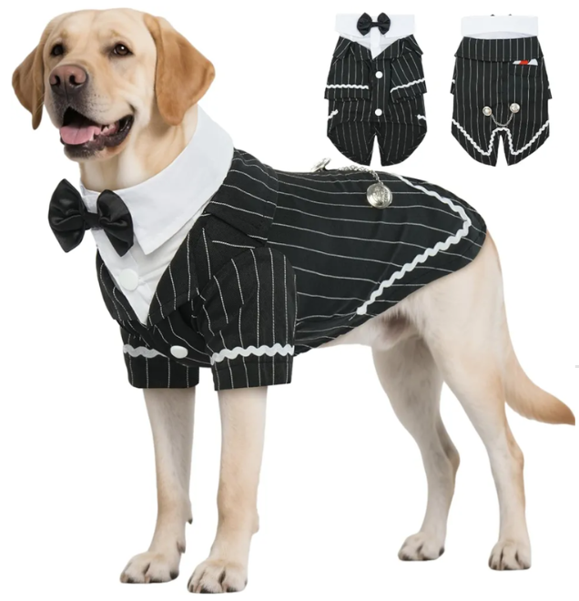 DENTRUN Dog Tuxedo Suit with Bow Tie - Formal Black & White Striped Pet Costume Shirt, Elegant Wedding Outfit Birthday Party Attire for Siberian Husky Border Collie Large Dogs, XL