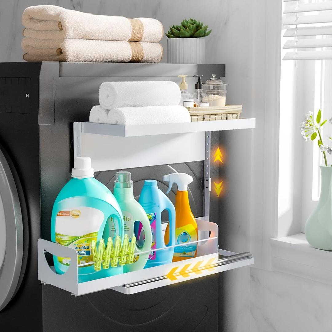 Heavy-Duty Magnetic Shelf With Pull-Out Drawers for Washing Machines, Dryers and Fridge; Height-adjustable Magnetic Shelf, Ideal for Storage in Laundry Rooms, Kitchens, and Living Rooms (White)
