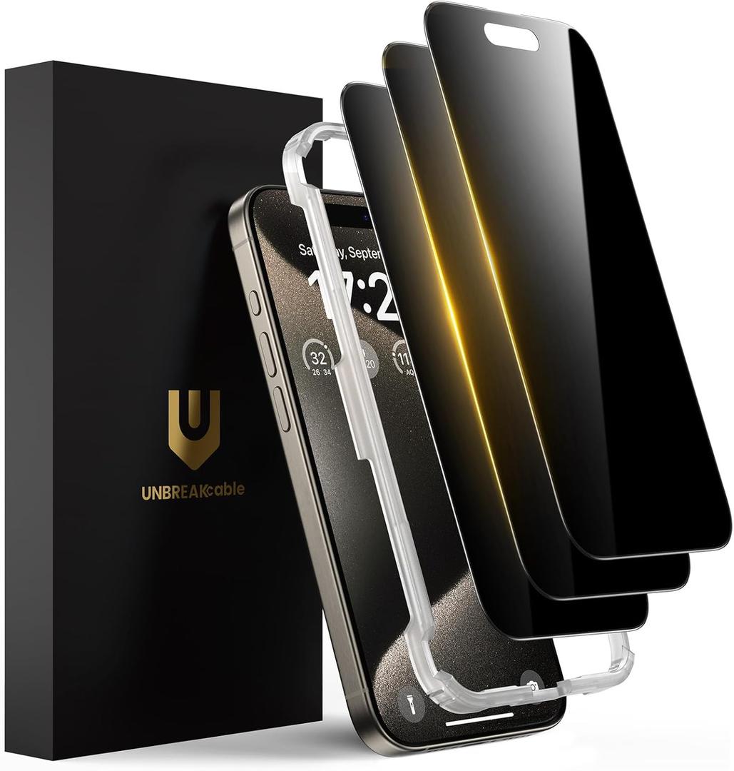 UNBREAKcable Privacy Screen Protector for iPhone 15 Pro, [3 Pack] Shatterproof Tempered Glass [25Anti-spy][Easy Installation Frame][99.99% HD Clear][9H Hardness] [Anti-Fingerprint] for iPhone 6.1"