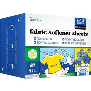 Soulink Fabric Softener Sheets for Washing Machine, No Plastic Jug Soap Strips, Alternative to Fabric Softener Liquid and Pods, Fresh Linen Scent, Up to 240 Loads