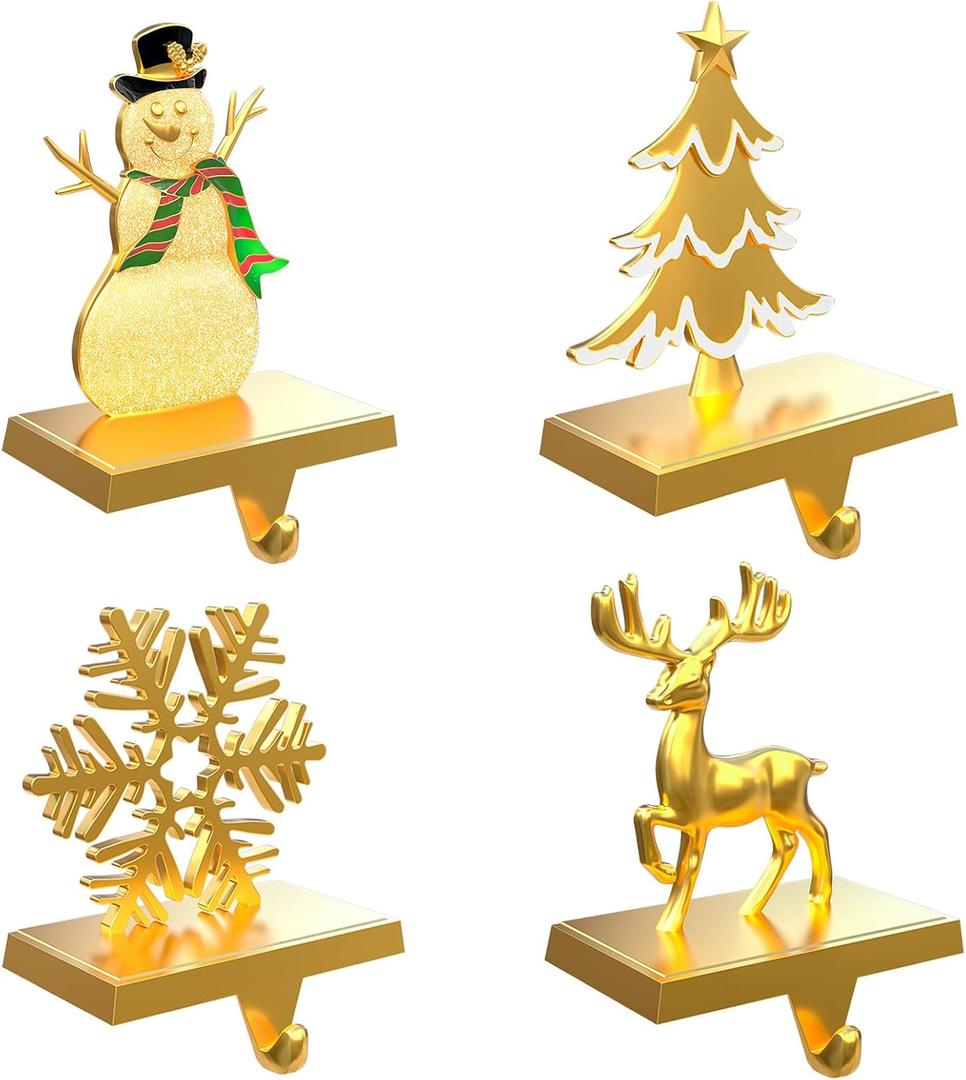 Ginbel Direct 4 Pack Christmas Stocking Holders for Mantle, Stockings Hangers Set of 4, Snowflake Snowman Tree Deer Reindeer Heavy Weighted Hooks for Mantel Fireplace Windows Indoor Decorations Gold